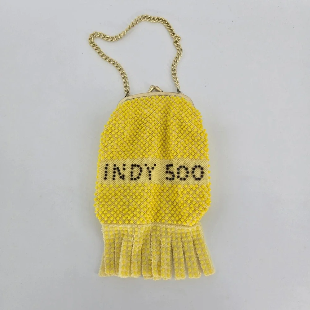 Vintage Thunderbird Indy 500 Beaded Souvenir Purse Yellow Fringe Kiss Lock